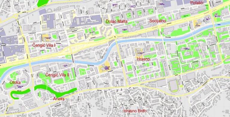 Sarajevo PDF Map all buildings Bosnia and Herzegovina Printable Vector ...