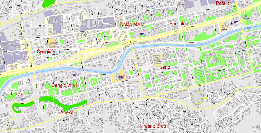 Printable Vector Map Sarajevo all buildings Bosnia and Herzegovina, exact detailed City Plan, 100 meters scale map 1:3387, editable Layered Adobe Illustrator, 14 Mb ZIP