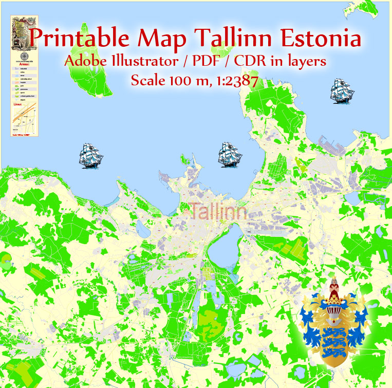 Printable Vector Map Tallinn Metro Area Estonia, exact detailed City Plan, 100 meters scale map 1:2387, editable Layered Adobe Illustrator, 12 Mb ZIP. 