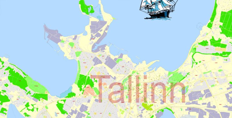 Printable Vector Map Tallinn Metro Area Estonia, exact detailed City Plan, 100 meters scale map 1:2387, editable Layered Adobe Illustrator, 12 Mb ZIP. 