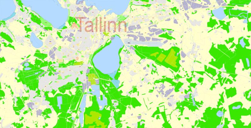 Printable Vector Map Tallinn Metro Area Estonia, exact detailed City Plan, 100 meters scale map 1:2387, editable Layered Adobe Illustrator, 12 Mb ZIP. 