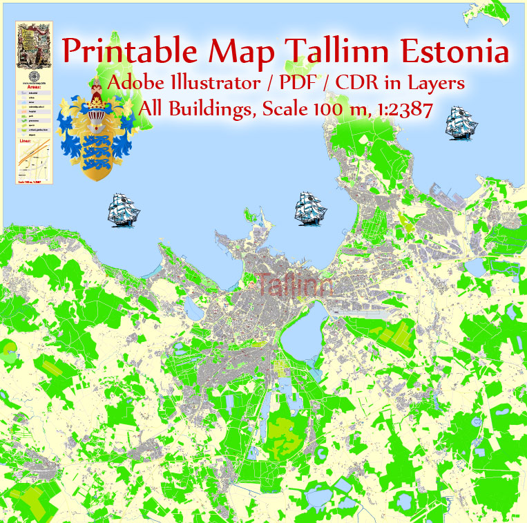 Printable Vector Map Tallinn Metro Area Estonia, exact detailed City Plan all Buildings, 100 meters scale map 1:2387, editable Layered Adobe Illustrator, 18 Mb ZIP. 