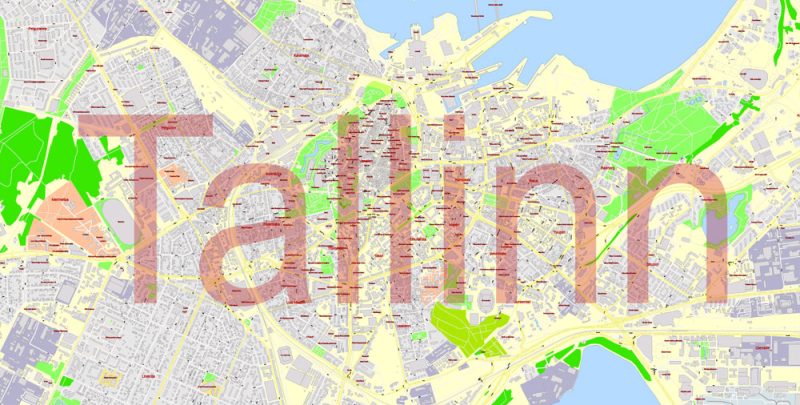 Printable Vector Map Tallinn Metro Area Estonia, exact detailed City Plan all Buildings, 100 meters scale map 1:2387, editable Layered Adobe Illustrator