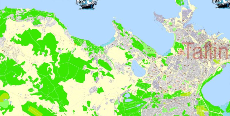 Printable Vector Map Tallinn Metro Area Estonia, exact detailed City Plan all Buildings, 100 meters scale map 1:2387, editable Layered Adobe Illustrator