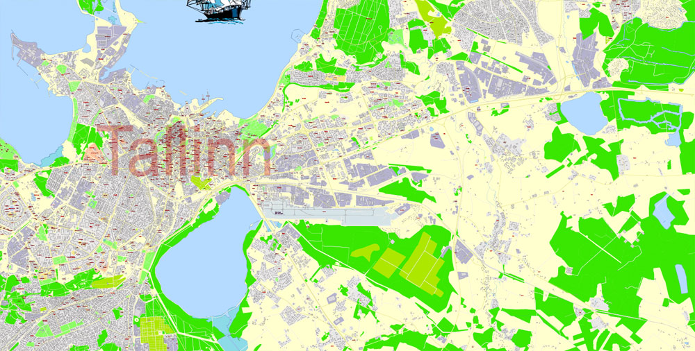 Printable Vector Map Tallinn Metro Area Estonia, exact detailed City Plan all Buildings, 100 meters scale map 1:2387, editable Layered Adobe Illustrator