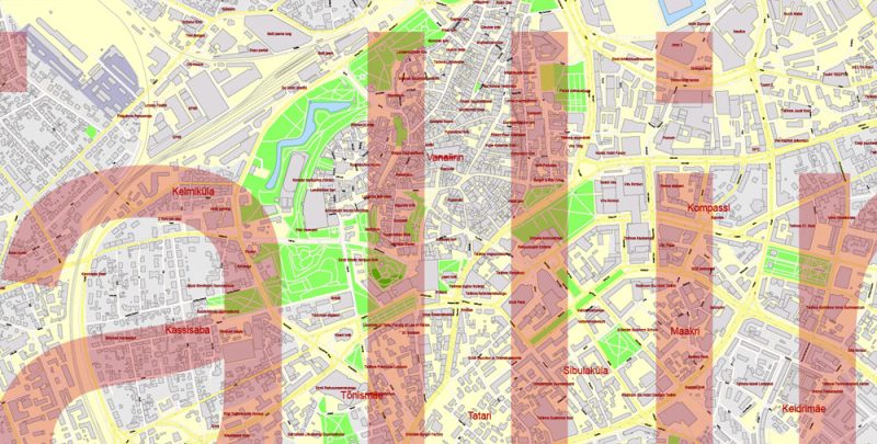 Printable Vector Map Tallinn Metro Area Estonia, exact detailed City Plan all Buildings, 100 meters scale map 1:2387, editable Layered Adobe Illustrator