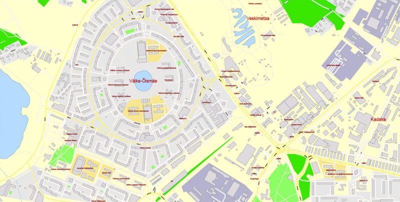 Printable Vector Map Tallinn Metro Area Estonia, exact detailed City Plan all Buildings, 100 meters scale map 1:2387, editable Layered Adobe Illustrator