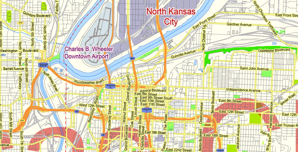 Kansas City Missouri Kansas Map Printable Vector exact detailed City Plan, Scale 1:58371, editable Layered Adobe Illustrator Street Map