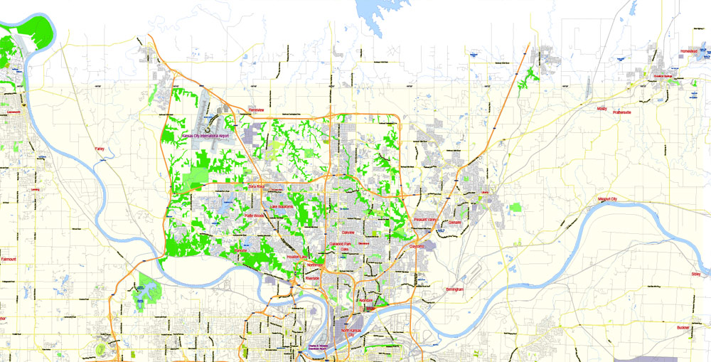 Printable Vector Map Kansas City, exact detailed City Plan, Scale 1:58371, editable Layered Adobe Illustrator Street Map, 13 Mb ZIP