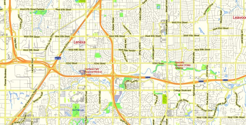 Printable Vector Map Kansas City, exact detailed City Plan, Scale 1:58371, editable Layered Adobe Illustrator Street Map, 13 Mb ZIP