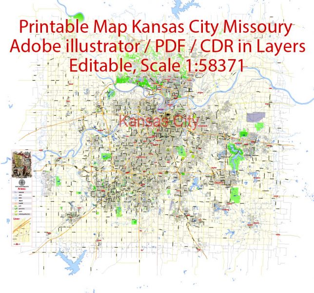 Map Kansas City BW Vector Urban Plan Adobe PDF Editable Street Map