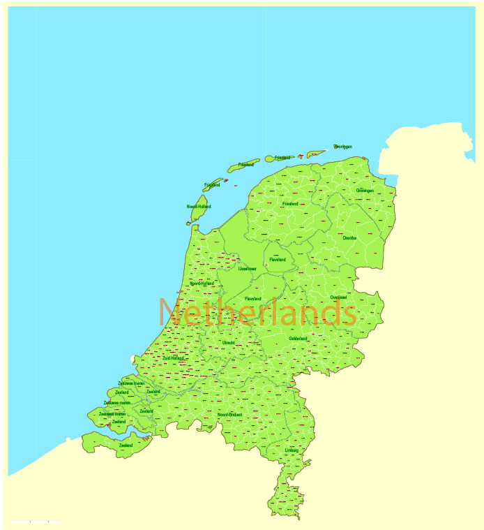 Admin Map Netherlands Printable Vector, exact Mercator Projection, editable Layered Adobe Illustrator, 10 Mb ZIP.