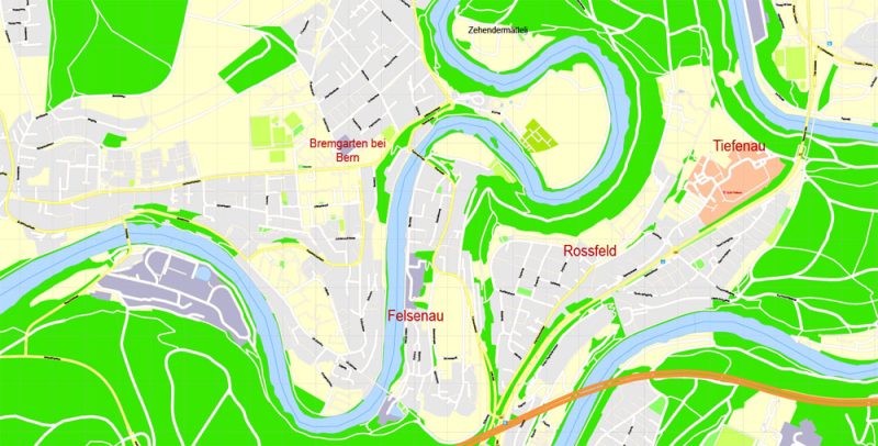 Bern Switzerland Map Printable Vector exact detailed City Plan, Scale 1:3206, editable Layered Adobe Illustrator Street Map