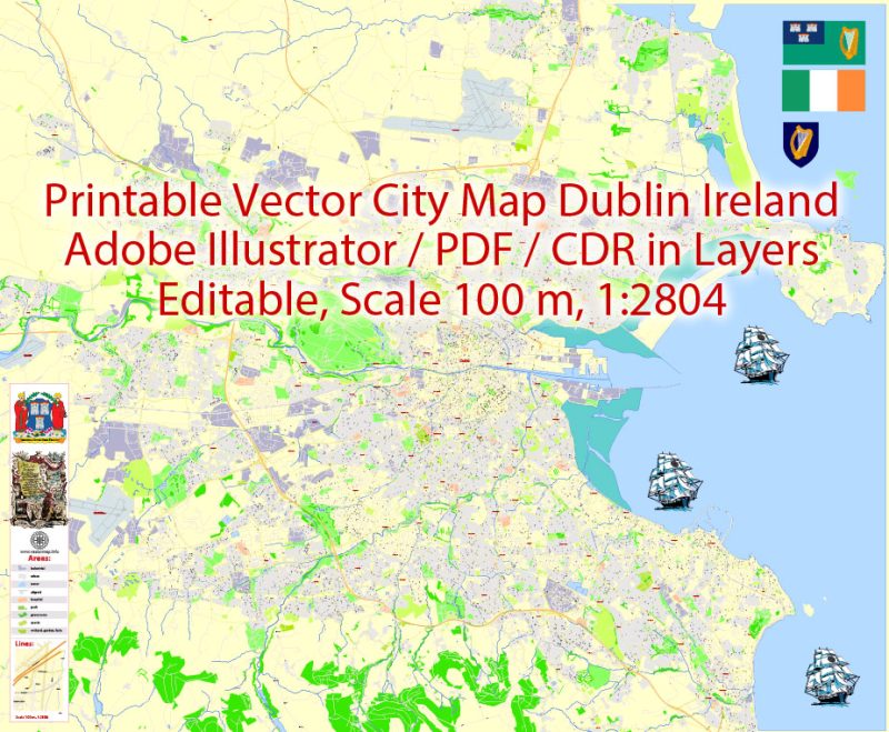 Printable Vector Map Dublin Ireland, exact detailed City Plan, Scale 1:2804, editable Layered Adobe Illustrator Street Map, 17 Mb ZIP