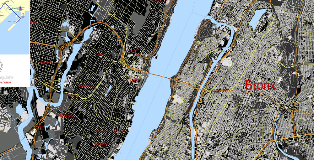 Printable Vector Map New York City US, exact vector City Plan all Buildings scale 1:3556, full editable, Adobe Illustrator Street Maps