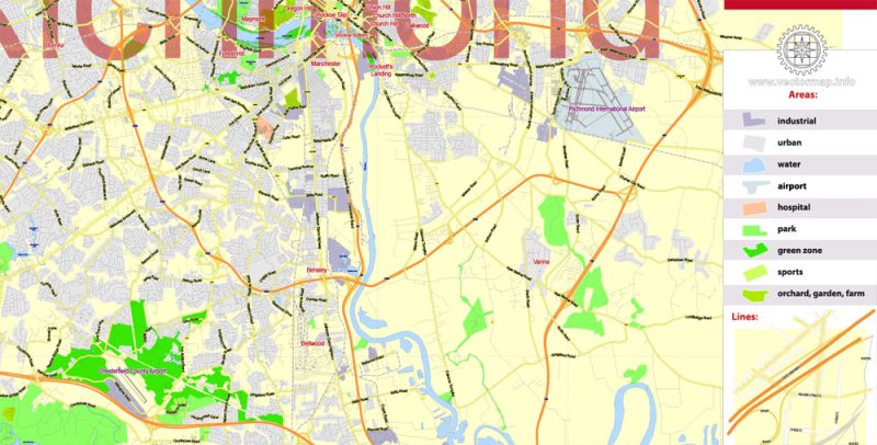 Printable Vector Map Richmond Virginia, exact detailed City Plan, Scale 1:59593, editable Layered Adobe Illustrator Street Map, 4 Mb ZIP