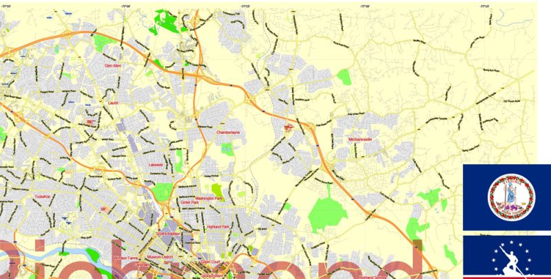 Printable Vector Map Richmond Virginia, exact detailed City Plan, Scale 1:59593, editable Layered Adobe Illustrator Street Map, 4 Mb ZIP