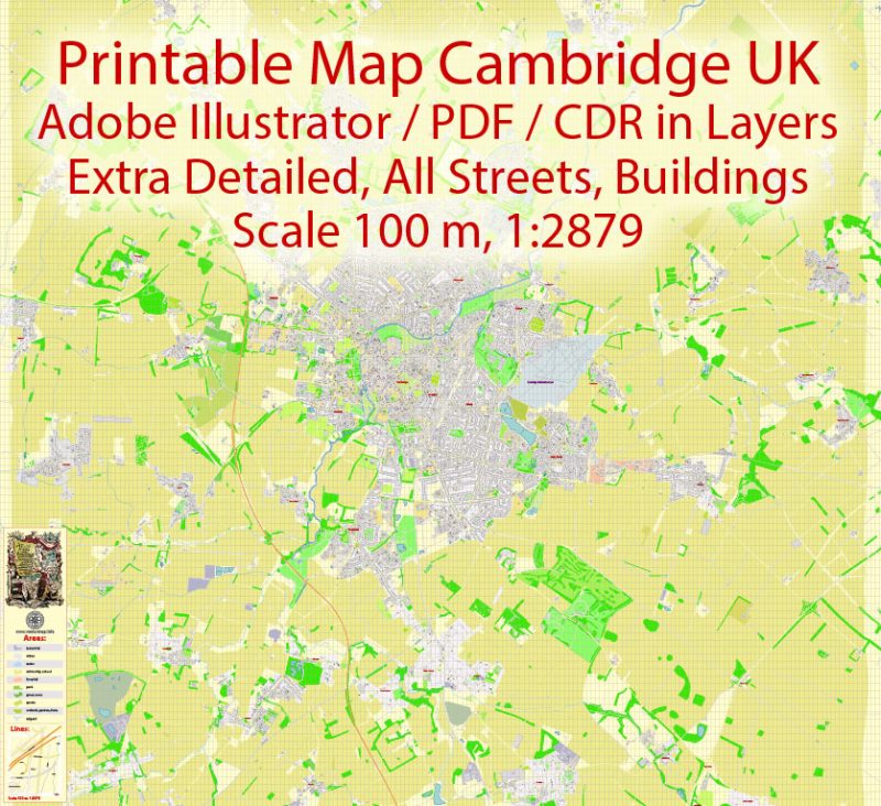 Printable Vector Map Cambridge UK, exact detailed City Plan all Buildings, Scale 1:2879, editable Layered Adobe Illustrator Street Map