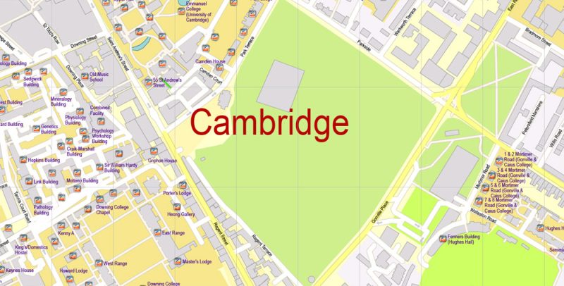 Cambridge Map UK, Printable Vector exact detailed City Plan all Buildings, Scale 1:2879, editable Layered Adobe Illustrator Street Map
