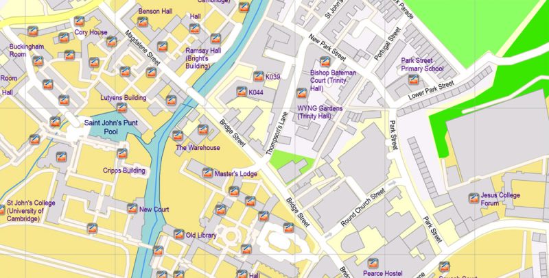 Printable Vector Map Cambridge UK, exact detailed City Plan all Buildings, Scale 1:2879, editable Layered Adobe Illustrator Street Map