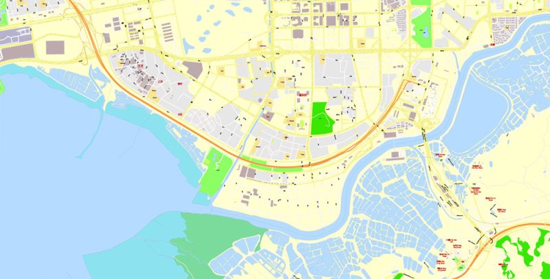 Printable Vector Map Hong Kong + Shenzhen, exact detailed City Plan Street Map with Buildings, scale 1:4339, editable Layered Adobe Illustrator