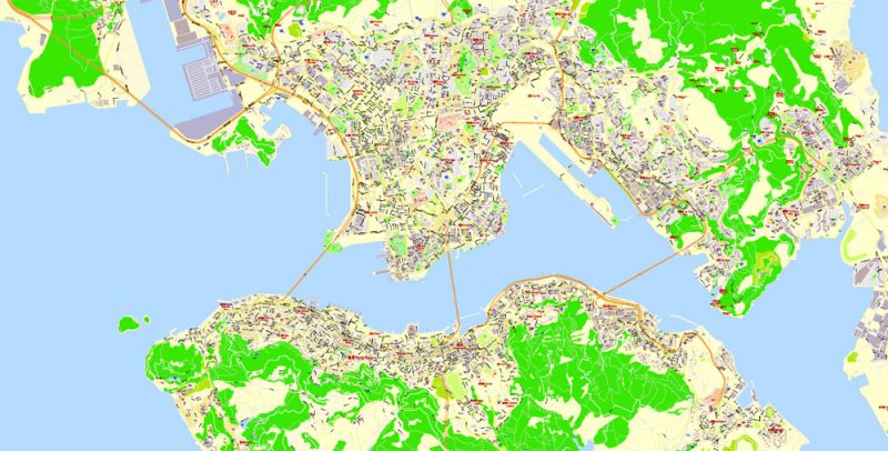Printable Vector Map Hong Kong + Shenzhen, exact detailed City Plan Street Map with Buildings, scale 1:4339, editable Layered Adobe Illustrator