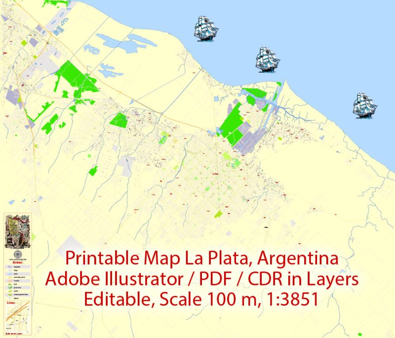 Printable Vector Map La Plata Argentina, exact detailed City Plan Street Map, scale 1:3851, editable Layered Adobe Illustrator, 9 Mb ZIP