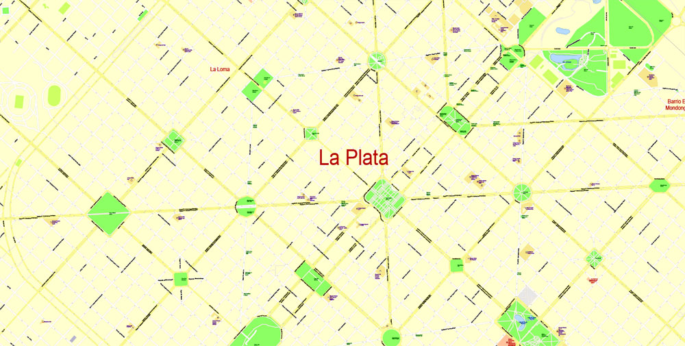 Printable Vector Map La Plata Argentina, exact detailed City Plan Street Map, scale 1:3851, editable LayereAdobe Illustrator, 9 Mb ZIP