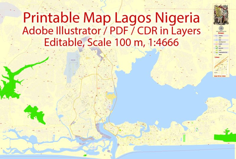 Printable Vector Map Lagos Nigeria, exact detailed City Plan Street Map, scale 1:466, editable Layered Adobe Illustrator, 15 Mb ZIP. All streets named, main objects.