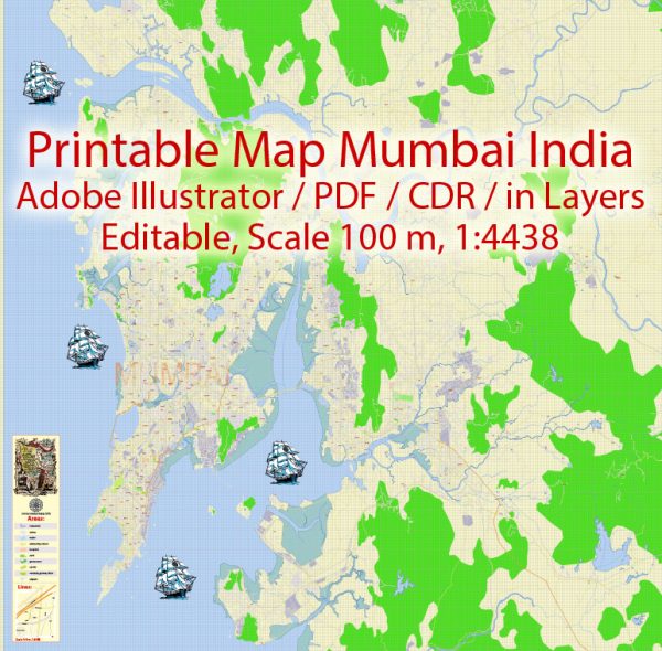 Printable Vector Map Mumbai India, exact detailed City Plan, Scale 1:4438, editable Layered Adobe Illustrator Street Map, 14 Mb ZIP. All streets named, main objects