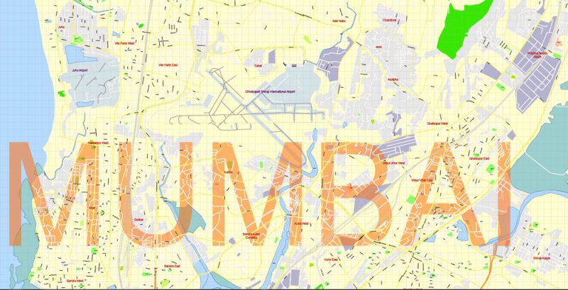 Printable Vector Map Mumbai India, exact detailed City Plan, Scale 1:4438, editable Layered Adobe Illustrator Street Map, 14 Mb ZIP. All streets named, main objects