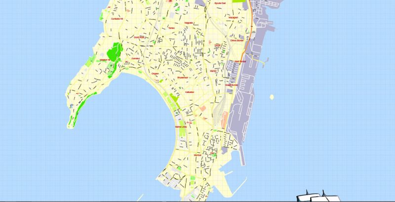 Printable Vector Map Mumbai India, exact detailed City Plan, Scale 1:4438, editable Layered Adobe Illustrator Street Map, 14 Mb ZIP. All streets named, main objects