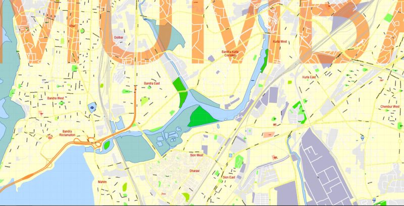 Printable Vector Map Mumbai India, exact detailed City Plan, Scale 1:4438, editable Layered Adobe Illustrator Street Map, 14 Mb ZIP. All streets named, main objects