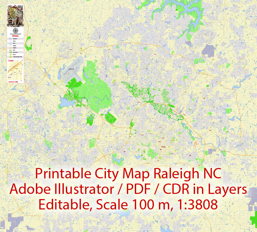 Printable Vector Map Raleigh NC, exact vector City Plan scale 1:3808, full editable, Adobe Illustrator Street Map