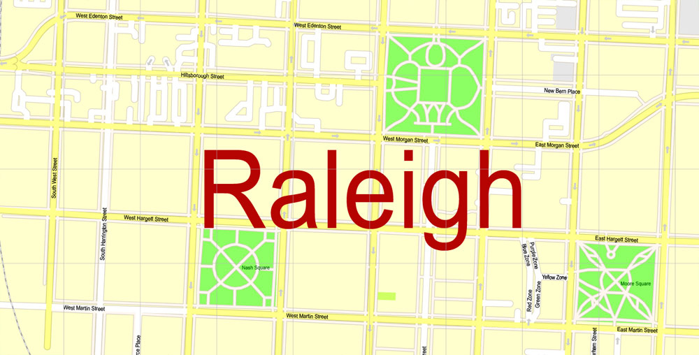 Raleigh North Carolina Map, Printable Vector exact vector City Plan scale 1:3808, full editable, Adobe Illustrator Street Map