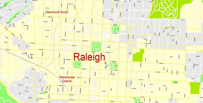 Printable Vector Map Raleigh NC, exact vector City Plan scale 1:3808, full editable, Adobe Illustrator Street Map, text format  all names