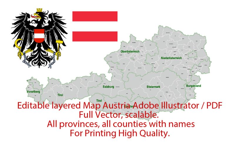 Austria Map Administrative Vector Adobe Illustrator Editable PDF Provinces Counties