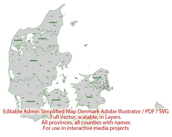 Administrative Vector Map Denmark Adobe Illustrator Editable PDF SVG layers simplified