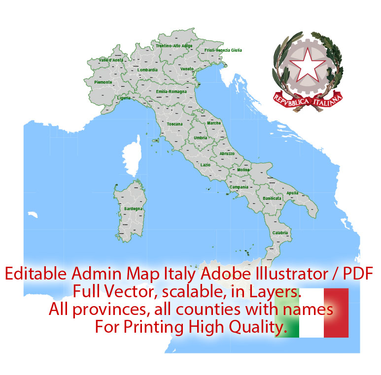 Italy Map Administrative Vector Adobe Illustrator Editable PDF Provinces Counties for publishing, design, media, projects, presentations, for High Quality Printing