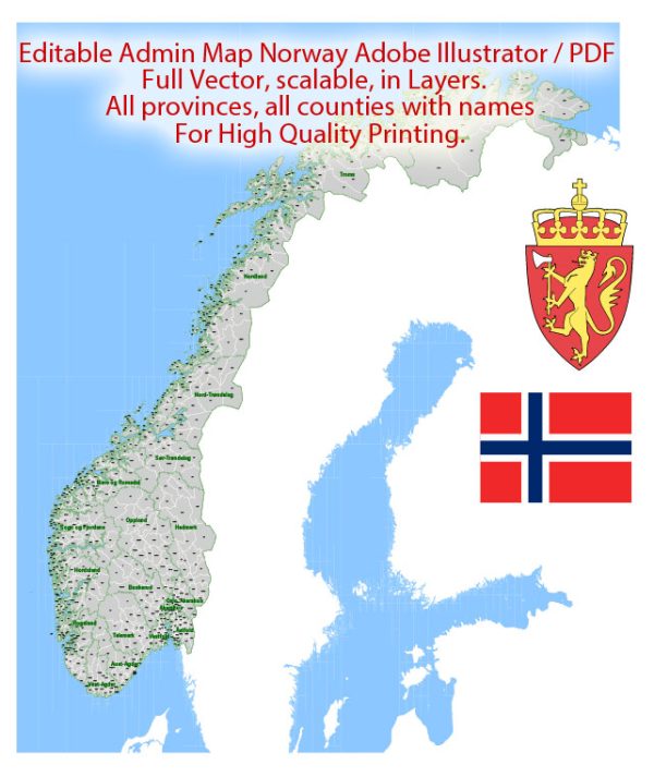 Norway Map Administrative Vector Adobe Illustrator Editable PDF Provinces Counties