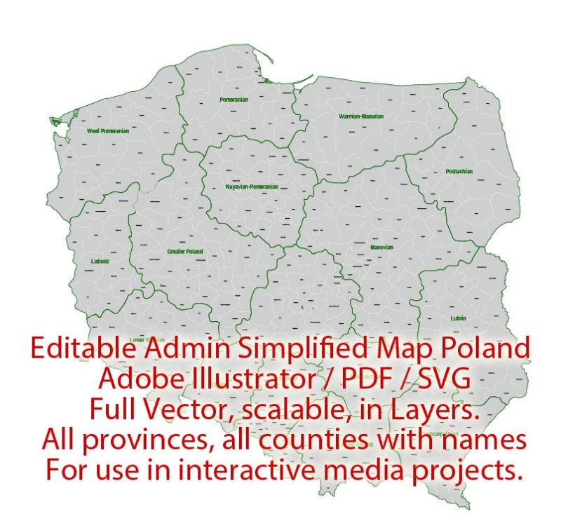 Poland Map Administrative Vector Adobe Illustrator Editable PDF SVG simplified Provinces Counties