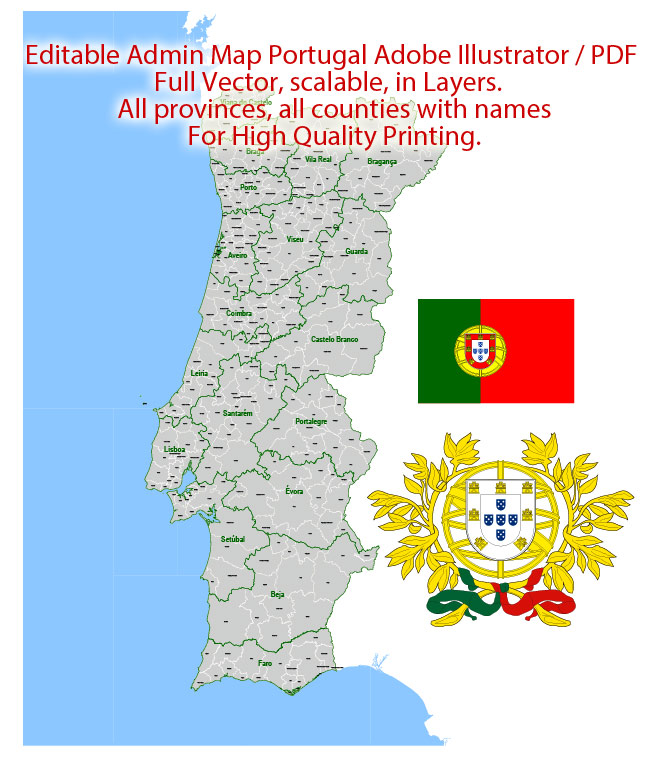 Portugal Map Administrative Vector Adobe Illustrator Editable PDF Provinces Counties
