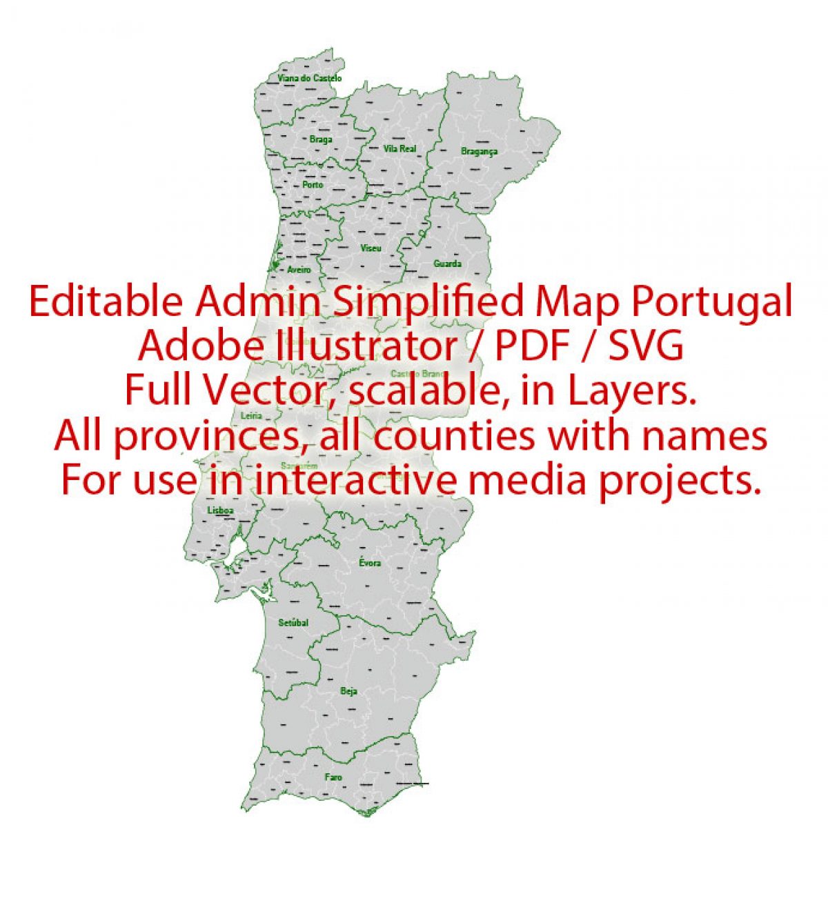 Portugal Map Admin Vector Illustrator Editable Pdf Svg Simplified