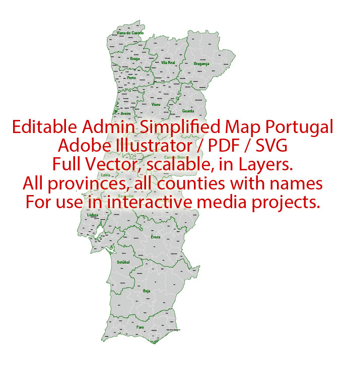 Portugal Map Administrative Vector Adobe Illustrator Editable PDF SVG simplified Provinces Counties