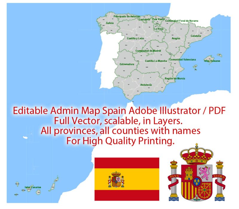 Spain Map Administrative Vector Adobe Illustrator Editable PDF Provinces Counties