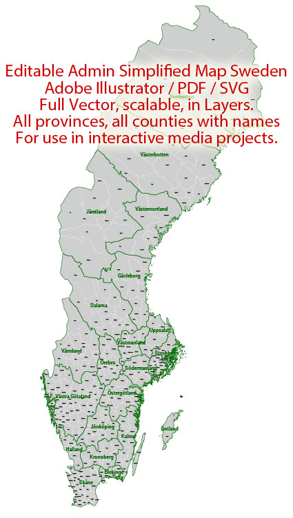 Sweden Map Administrative Vector Adobe Illustrator Editable PDF SVG simplified Provinces Counties