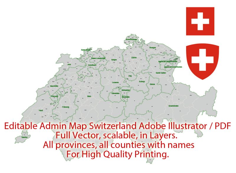 Switzerland Map Administrative Vector Adobe Illustrator Editable PDF Provinces Counties