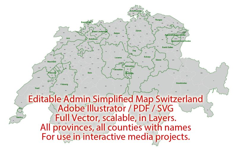 Switzerland Map Administrative Vector Adobe Illustrator Editable PDF SVG simplified Provinces Counties