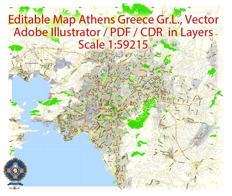 Printable Vector Map Athens + Pireas, Greece, exact City Plan 2000 meters scale Street Map, Greek, fully editable, Adobe Illustrator,  scalable, editable text format all names, 9 Mb ZIP