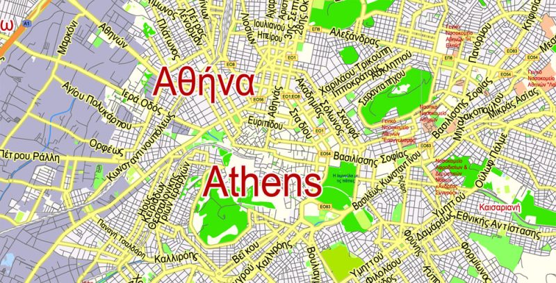 Printable Vector Map Athens + Pireas, Greece, exact City Plan 2000 meters scale Street Map, Greek, fully editable, Adobe Illustrator,  scalable, editable text format all names, 9 Mb ZIP